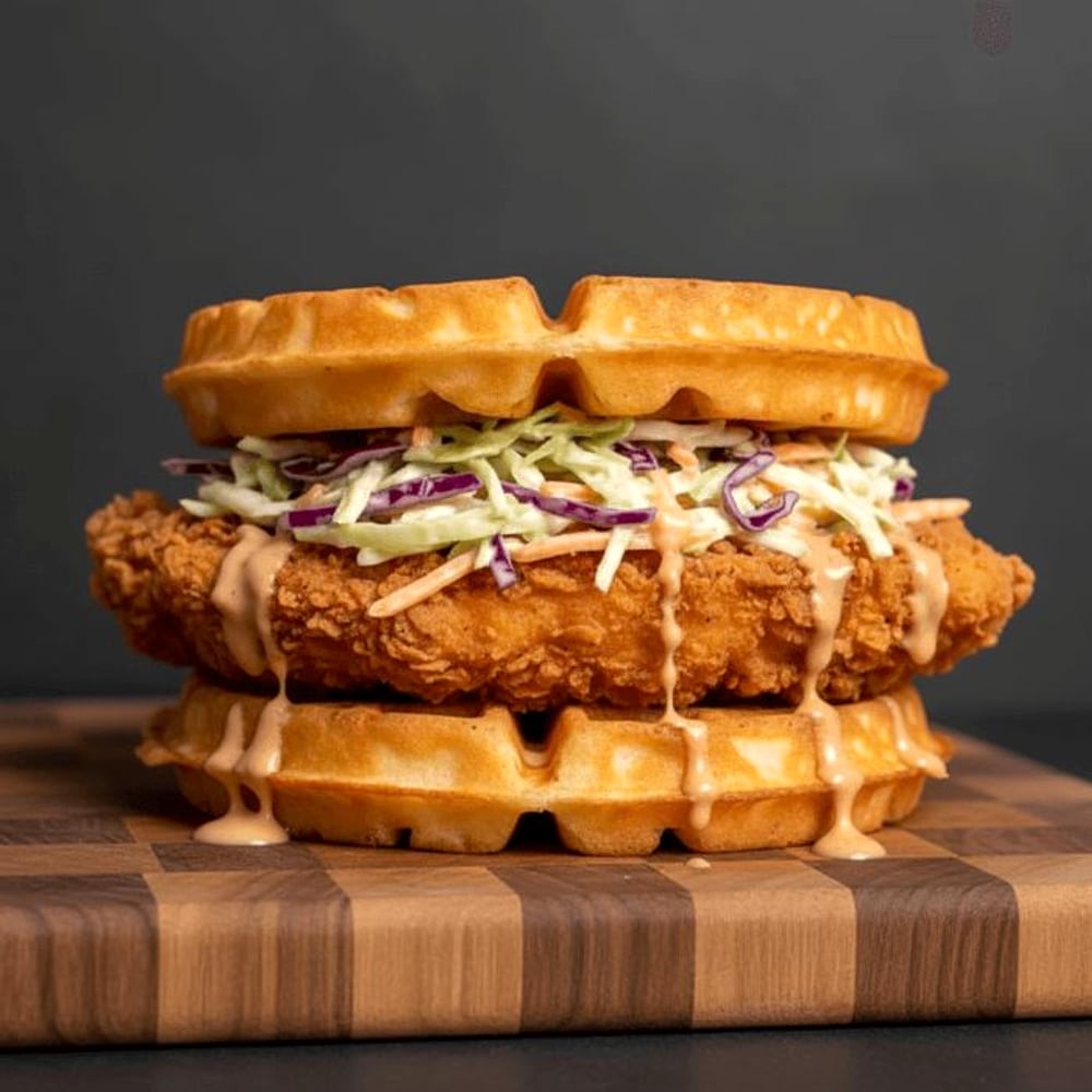 Stack Slider crispy chicken tender on a cheddar waffle